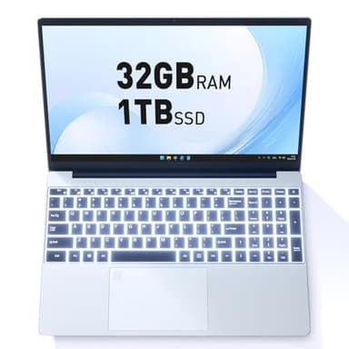 Auusda Business Laptop Computer for Work, Notebook PC for College Students, 15.6" FHD Display, 4-Core Processor, Backlit Keyboard, Fingerprint Sensor, Up to 10TB Storage, 32GB RAM, 1TB SSD, Silver