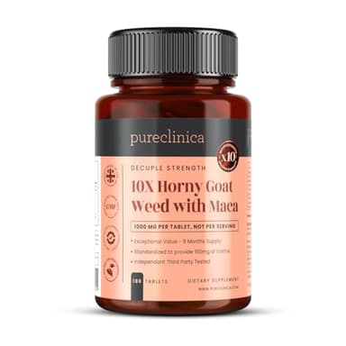 pureclinica 10X Horny Goat Weed & Maca Extract 6250mg x 180 Tablets (6 Months Supply) -10 X More Icariins - w/5mg Black Pepper Extract for 300% Increased Absorption