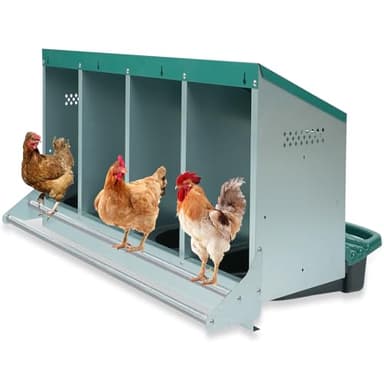 Chicken Nesting Box, 4 Holes Nesting Boxes, Heavy Duty Metal Laying Boxes, Roll Away Nesting Box Egg Collection Tray, with Roosting Pole for Chicken Coop(Green)