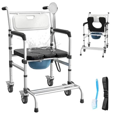 4 in 1 Rolling Bedside Commode Chair with Wheels for Elderly, Shower Chair with Handles, Adjustable Height Raised Toilet Seat for Seniors,Disabled and Pregnant Holds Up to 350 lbs (Black)
