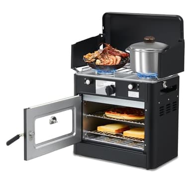 Bonnlo 2-in-1 Camping Oven & Portable Gas Stove Combo with 3-side Windscreen, Powerful 19,800 BTU Propane Oven with One-click Ignition, Heat-resistant Coating & Thermometer for Outdoor Use, Black