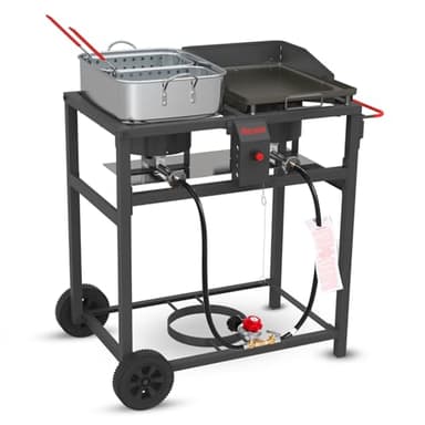 FIRE RIOT Outdoor Propane Deep Fryer and Griddle Combo, Portable 2-in-1 Cooking Station with Double Burner Propane Stove and Wheels, Ideal for Outdoor BBQ, Camping, and Tailgating