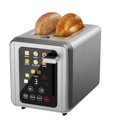 WUNLY 2 Slice Toaster,Touchscreen & Dual Independent Control Panel,5 Basic Functions & Digital Countdown Toasters,6 Shade Settings＆6 Bread Types,Smart Bread Maker Mute/Screen-Off,Titanium