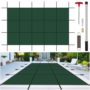 Inground Pool Cover Safety Fits 16x32ft Rectangle Swimming Pool, Mesh Solid Pool Cover for Inground Pools,Winter Pool Safety Cover Includes Safety Net and Installation Tools Green