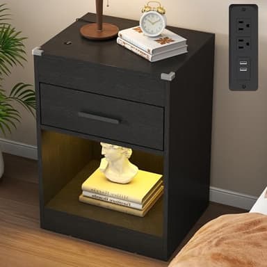 Gyfimoie Led Night Stand with Charging Station & RFID Lock Cabinet, Smart Nightstand for Bedroom, Wood Nightstand with Drawer and Open Storage, Modern Black Night Stand for Living Room
