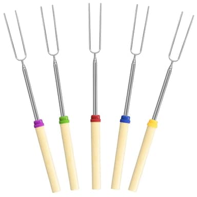 5 Pack Marshmallow Roasting Sticks Set, Extendable 32in Long Metal Barbecue Skewers with Wooden Handle, for Marshmallow, Hot Dogs, Camping, BBQ, Grill