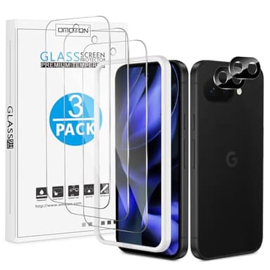 OMOTON 3+2 Pack for Google Pixel 9a Screen Protector 6.3 inch, 3 Pack Tempered Glass Screen Protector&2 Pack Camera Lens Protector with Alignment Framework for Pixel 9a, Case Friendly