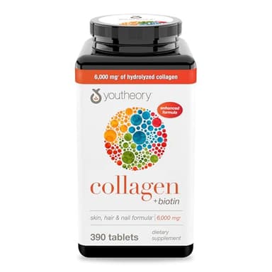 Youtheory Collagen + Biotin - Advanced Collagen Supplement - with Hydrolyzed Peptides, Vitamin C & Vitamin B - Supports Hair Growth, Nail Health & Skin - 390 Tablets