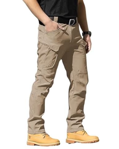 LRYXXX Men's Tactical Pants Stretch Waterproof Fabric Durable Cargo Pants for Hiking Casual Work Multi Pockets (No Belt),Khaki