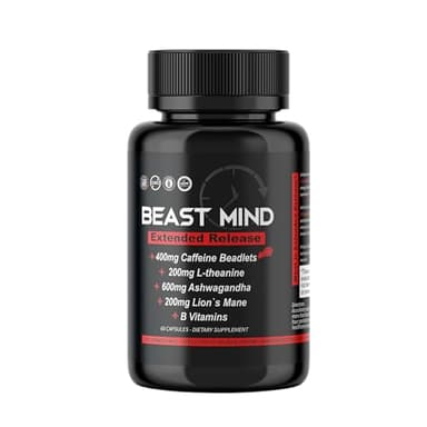 Beast Mind Extended Release Extreme Energy Pills | 400mg XR Caffeine | 600mg Ashwagandha | 200mg Lion's Mane, Increased Energy & Focus, Natural Nootropic Labs