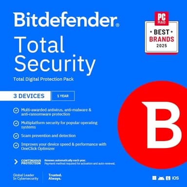 Bitdefender Total Security - 3 Devices | 1 year Subscription with Auto-Renewal | PC/Mac | Activation Code by email [Online Code]