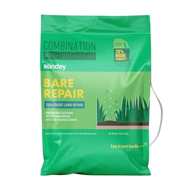 Sunday Bare Repair Sun and Shade Patch Repair – Perennial Ryegrass and Fescue Grass Seed with Fertilizer – Coco Coir and Mulch for Moisture – Grows in 14 Days or Less – 4.5 lb, 55 sq. ft.