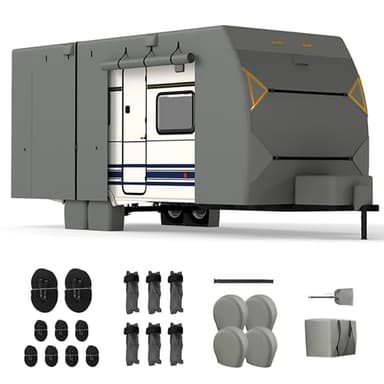 RV Covers for Travel Trailers, 18-20ft Heavy Duty Camper Cover, 7 Layers Extra-Thick Waterproof Toy Hauler Cover with 4 Tire Covers, Jack Cover and Wind Straps