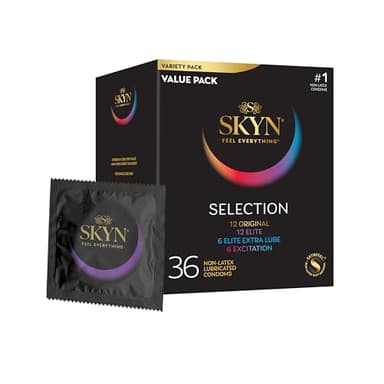 SKYN Selection Non-Latex Condoms, Regular Fit Variety Pack Contains SKYN Elite, Original, Excitation, Extra Lube, Condoms, 36 Count