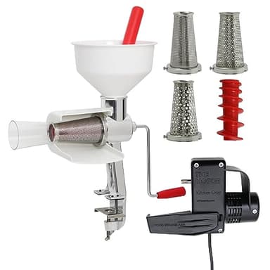 Johnny Apple Sauce Maker, Tomato Sauce Maker, Salsa, Pumpkin Puree, Remove Skins & Seeds From Produce, Model 250 Clamp Based Food Strainer with Electric Motor (Strainer + Motor + Accessories)