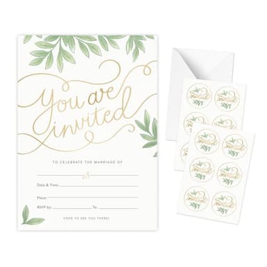 Rileys & Co 50 Pack Wedding Invitation Cards with Envelopes, Bonus Stickers Included, Gold Foil Print & Leaf Design, 5"x7", Wedding Invitations with Envelopes and RSVP Cards, Wedding Invitation Kit