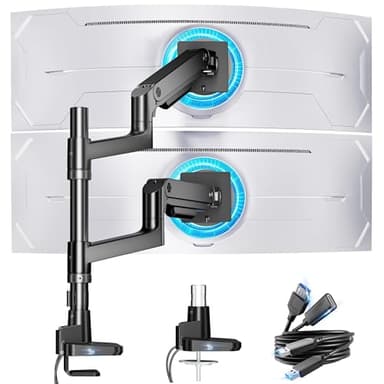 ARES WING Dual Monitor Arm for Ultrawide Heavy Duty Curved Monitor Stacking, Fits 17-49 Inch, Vertical Gas Spring Double Monitor Stand with USB, Adjustable Dual Monitor Mount for Desk, Black