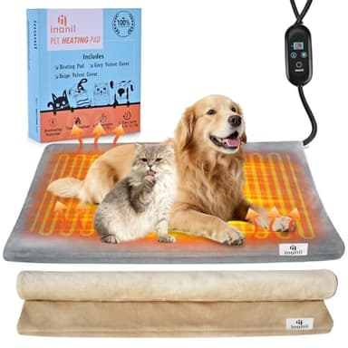 inanil Dog Heated Pad, 6 Adjustable Temperature & 5 Timers, Large Dog Heating Pad, Waterproof Pet Heating Pad for Dogs with Chew-Resistant Cord, Electric Warmer with 2 Removable Covers, 35.4" x 23.6"