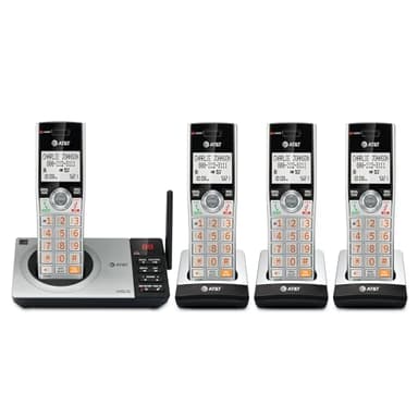 AT&T CL82407 DECT 6.0 4-Handset Cordless Phone with Smart Call Blocker, Answering Machine, Caller ID Announce, Long Range, Expandable, Silver/Black