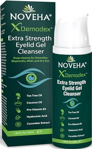 NOVEHA Demodex Extra Strength Eyelid Gel Cleanser - for Demodex, MGD and Dry Eye with Pro-Vitamin B5, Tea Tree Oil, and Hyaluronic Acid - Gentle Cleansing, Soothes Itchy Eyelid - 50mL (1 Pack)
