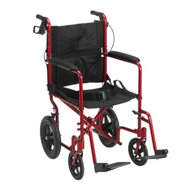 Drive Medical Lightweight Expedition Folding Transport Wheelchair - Ultra Lightweight Mobility Support for Seniors & Adults - Strong Aluminum Frame - Hand Brakes - Compact Folding Travel Chair - Red