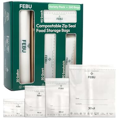FEBU Compostable Food Storage Bags Variety Pack, 260 Count | Compostable & Biodegradable | PFAS & BPA Free | Drawer Organizer Box | 90 Snack, 90 Sandwich, 50 Quart, 30 Gallon