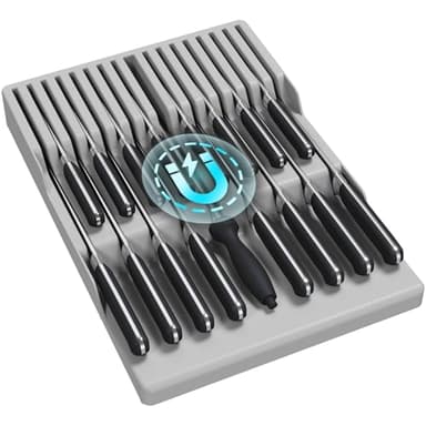 Lifewit Magnetic Drawer Knife Organizers Insert, Kitchen Plastic In Drawer Knife Block Slots, Steak Chefs Knives Holder Storage Sets for 16 Knives and 1 Sharpening Steel, Extra Large, Gray