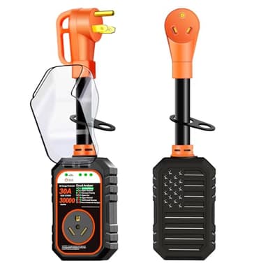 RVRVHOMM 30000J 30Amp RV Surge Protector 30 Amp Flag Design - Upgraded Power Surges Voltage Protection Circuit Analyzer IP68 Waterproof Cover for 30A RVS Camper Trailer Must Haves (30Amp, Orange)