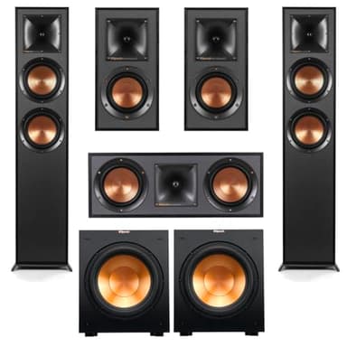 Klipsch Reference 5.2 Dolby Atmos Home Theater System with R-625FA Floorstanding Speakers, R-52C Center, R-41M Surrounds & 2X R-12SW 12" Powered Subwoofer, Black (Speaker System + 2X Subwoofers)