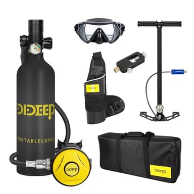 DIDEEP Scuba Tank, 1L Mini Scuba Tank, Support About 15-20 Minutes Underwater Breathing Portable, Reusable Lung Tank with High Pressure Hand Pump for Emergency Rescue Underwater Exploration, Black