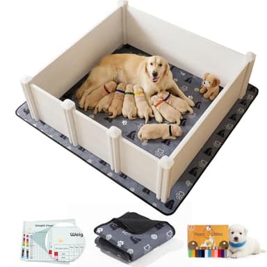 Whelping Box for Dogs, Whelping Box for Puppies with Pee Pad, Puppy Collars and Growth Record Sheets, Easy-Clean & Durable Puppy Playpen, Dog Welping Supplies, 48"x48"x18", White