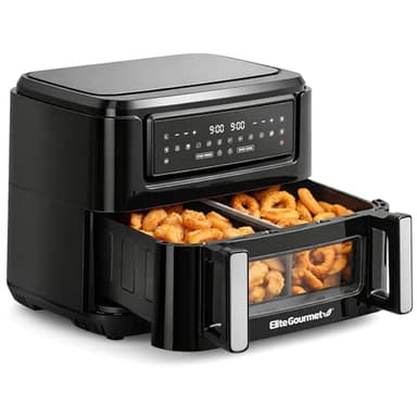 Elite Gourmet Dual Zone Air Fryer Oven 11QT, Dual Basket Air Fryer with Divider, Sync Finish & Sync Cook, PFAS Free Nonstick, 10 Presets, Air Fry Bake Roast Broil Toast Dehydrate, 1600W Black
