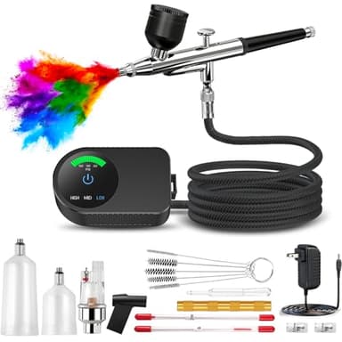 KingMiKi Airbrush Kit with Air Compressor, 22/30/50 PSI High Pressure Air Brush Non-Clogging with 0.2/0.3/0.5mm Nozzle/Cleaning Sets, Ideal for Painting, Modeling, Cake Decor, Makeup,Nail Art