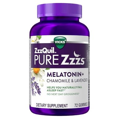 ZzzQuil PURE Zzzs Melatonin Gummies, Sleep Aid, Melatonin 2mg, with Chamomile & Lavender, Melatonin Sleep Gummies, Sleep Aids for Adults, Wildberry Vanilla Flavored, 72 Sleep Gummies