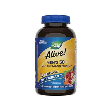 Nature's Way Alive! Men’s 50+ Daily Gummy Multivitamins, Supports Healthy Brain, Eyes, Heart*, B-Vitamins, Gluten-Free, Fruit Flavored, 150 Gummies (Packaging May Vary)