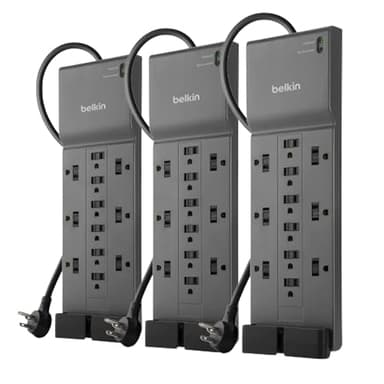Belkin 12-Outlet Surge Protector Power Strip w/ 12 AC Outlets & 8ft Flat Plug, UL-Listed Heavy-Duty Extension Cord for Home, Office, Travel, Computer, Laptop, Charger - 3,940 Joules, Pack of 3