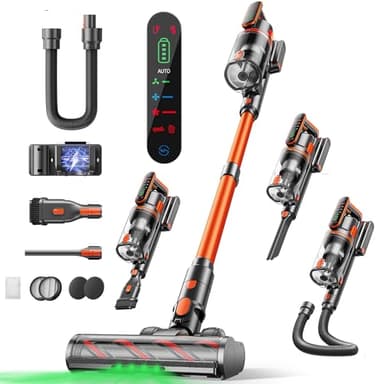Fieety Cordless Vacuum Cleaner, 650W/55KPa/70Min Runtime Stick Vacuum with 3.3Ft Hose, Wall Mount Charging, Auto Mode, Touchscreen, Self-Standing Vacuum Cleaner for Home/Pet Hair/Carpet/Car, Fragrance