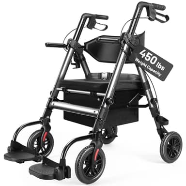 Heavy Duty Rollator Walkers for Seniors with Seat, Foldable 2 in 1 Rolling Walker Wheelchair Combo for Adult, All Terrain Wheels, Adjustable 4 Wheel Walker with Brake, 450 lb. Weight Capacity, Grey