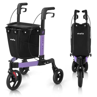 StrollAid 3 Wheel Walkers for Seniors, Foldable Rollator Walker with Tray & Large Storage Bag, 10" Big Wheel for All Terrain, 350 lb Weight Capacity, Purple