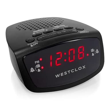 Westclox Dual Alarm Clock Radio 0.6" Red LED Display, FM Radio with 20 Presets, Adjustable Brightness, Snooze & Battery Backup, Digital FM Clock Radio Alarm for Bedrooms (Black)