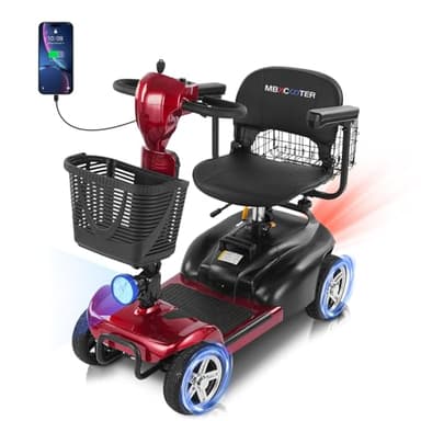 20 Miles 4 Wheels Mobility Scooter for Seniors/Adults Up to 300LBS,350W Electric Wheelchair Detachable Lithium Battery,Dual Baskets,Rotating Seat,with Taillight, USB Charging, Red 18AH