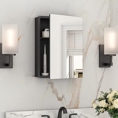 Keonjinn Black Medicine Cabinet 14 x 18 Inch, Assembly Needed, Bathroom Mirrored Medicine Cabinet, Lightweight, Freely Adjustable Shelves, Recessed or Wall Mount, Tempered Glass