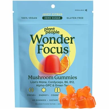 Plant People WonderFocus Mushroom Gummies with Lion’s Mane & Cordyceps - Nootropic Brain Supplement Boosts Memory, Focus, Energy & Mood in Adults | No Sugar, 100% Vegan, Citrus Flavor, 60 Count
