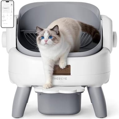Thereye Automatic Litter Box with Entry Step, Open-Top Self Cleaning Litter Box for Multiple Cats, 11 Safety Protections & App Control, Odor Control Smart Cat Litter Box with Trash Bags/Litter Mat