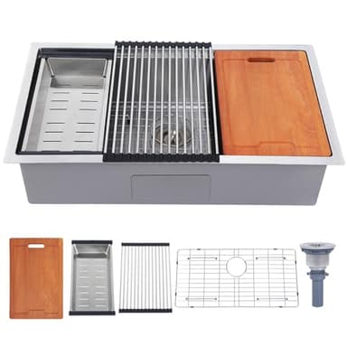 HOTIS 32 Inch Undermount Kitchen Sink Stainless Steel, 32" x 18" Single Bowl Undermount Workstation Sink, 16 Gauge Handmade Multifunction Chef Sink with Cutting Board & Accessories