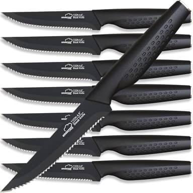Amorston Steak Knives, Steak Knives Set of 8, Stainless Steel Steak Knife Set, Serrated Knives Dishwasher Safe, Elegant Black