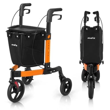 StrollAid 3 Wheel Walkers for Seniors, Foldable Rollator Walker with Tray & Large Storage Bag, 10" Big Wheel for All Terrain, 350 lb Weight Capacity, Orange