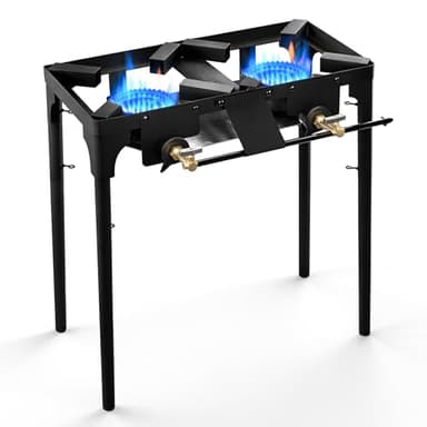 GasOne Double Propane Burner with Adjustable Height 4-Tier Removable Legs for Outdoor Cooking – High Pressure Camping Accessories Camp Stove – Cast Iron Portable Stove Top - Patent Pending