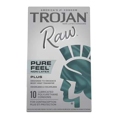 Trojan Raw Non-Latex Lubricated Thin Condoms for Men, America’s Thinnest Latex-Free Condoms, Pure Feel Technology, Made from Polyurethane, Helps Reduce Risk of Pregnancy and STIs, 10 Count