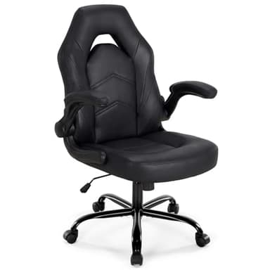 DUMOS Ergonomic Computer Gaming Chair - Home Office Desk with PU Leather Lumbar Support, Height Adjustable Big and Tall Video Game with Flip-up Armrest, Swivel Wheels for Adults, Black